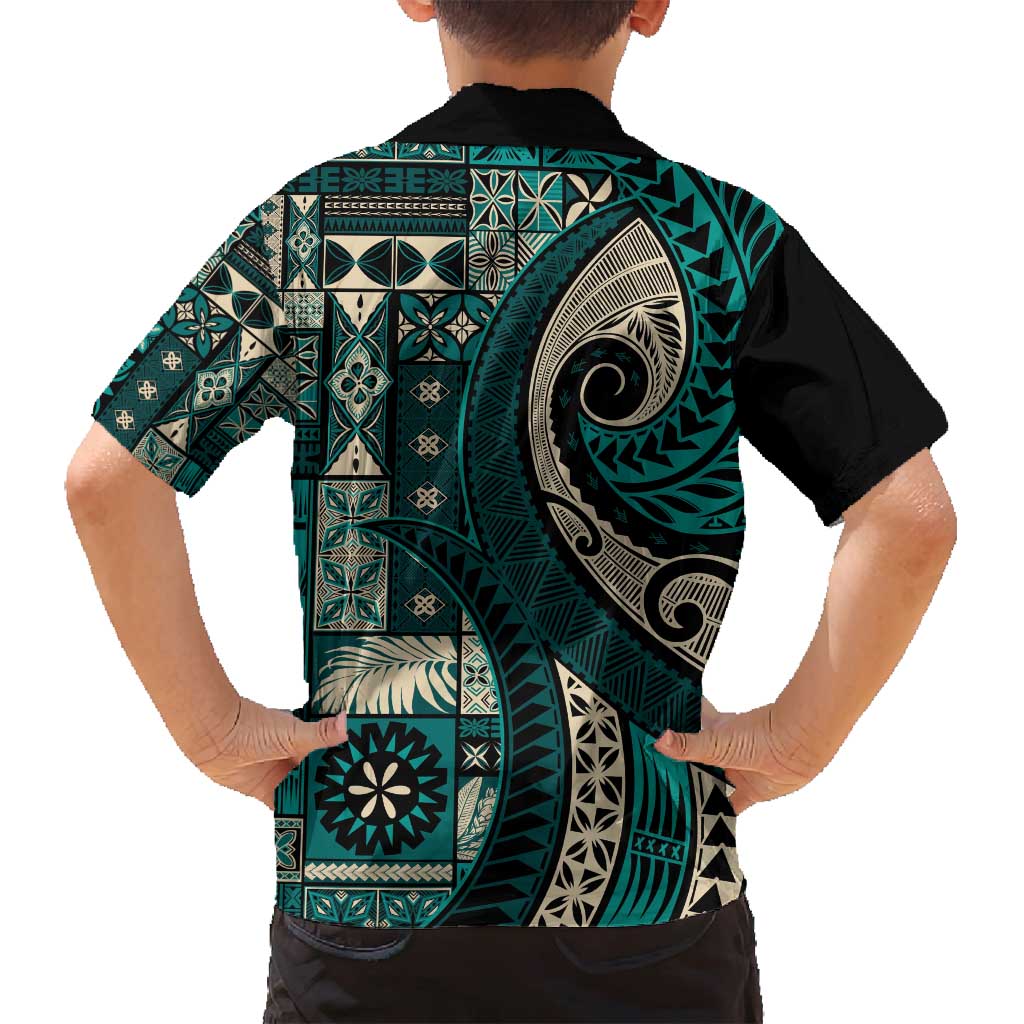 Vintage Samoa Siapo Mamanu Family Matching Off Shoulder Short Dress and Hawaiian Shirt Teal Samoan Tapa Motif - Polynesian Pride