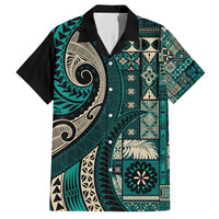 Vintage Samoa Siapo Mamanu Family Matching Off Shoulder Short Dress and Hawaiian Shirt Teal Samoan Tapa Motif - Polynesian Pride