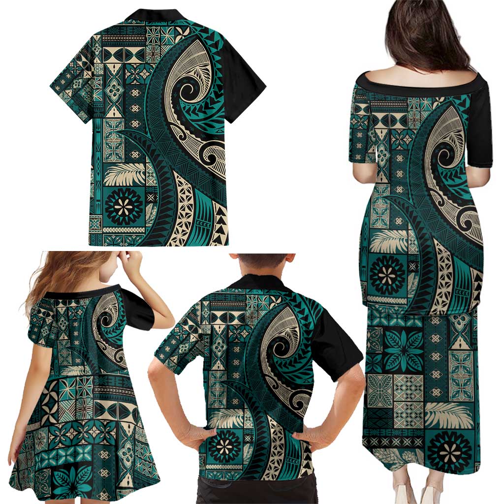 Vintage Samoa Siapo Mamanu Family Matching Puletasi and Hawaiian Shirt Teal Samoan Tapa Motif - Polynesian Pride