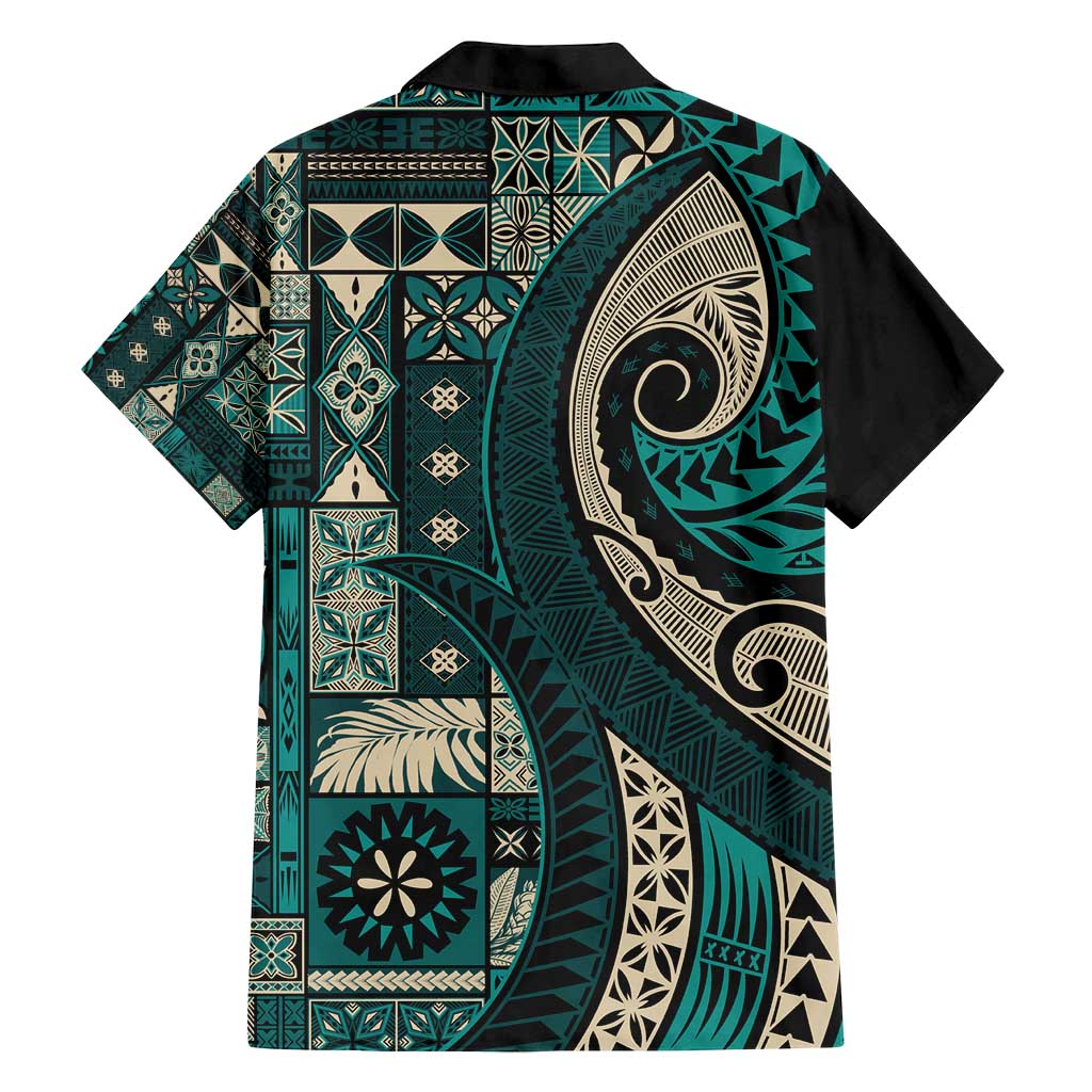 Vintage Samoa Siapo Mamanu Family Matching Puletasi and Hawaiian Shirt Teal Samoan Tapa Motif - Polynesian Pride
