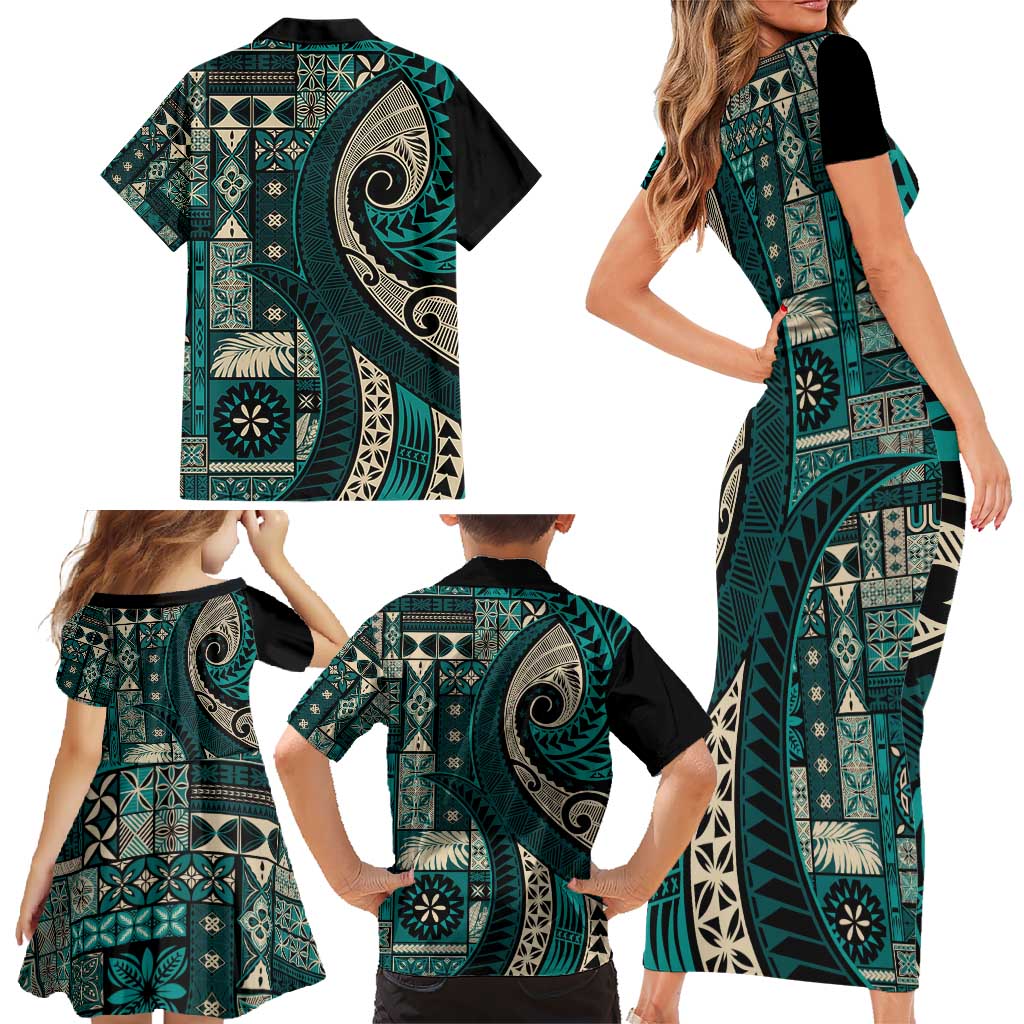 Vintage Samoa Siapo Mamanu Family Matching Short Sleeve Bodycon Dress and Hawaiian Shirt Teal Samoan Tapa Motif - Polynesian Pride
