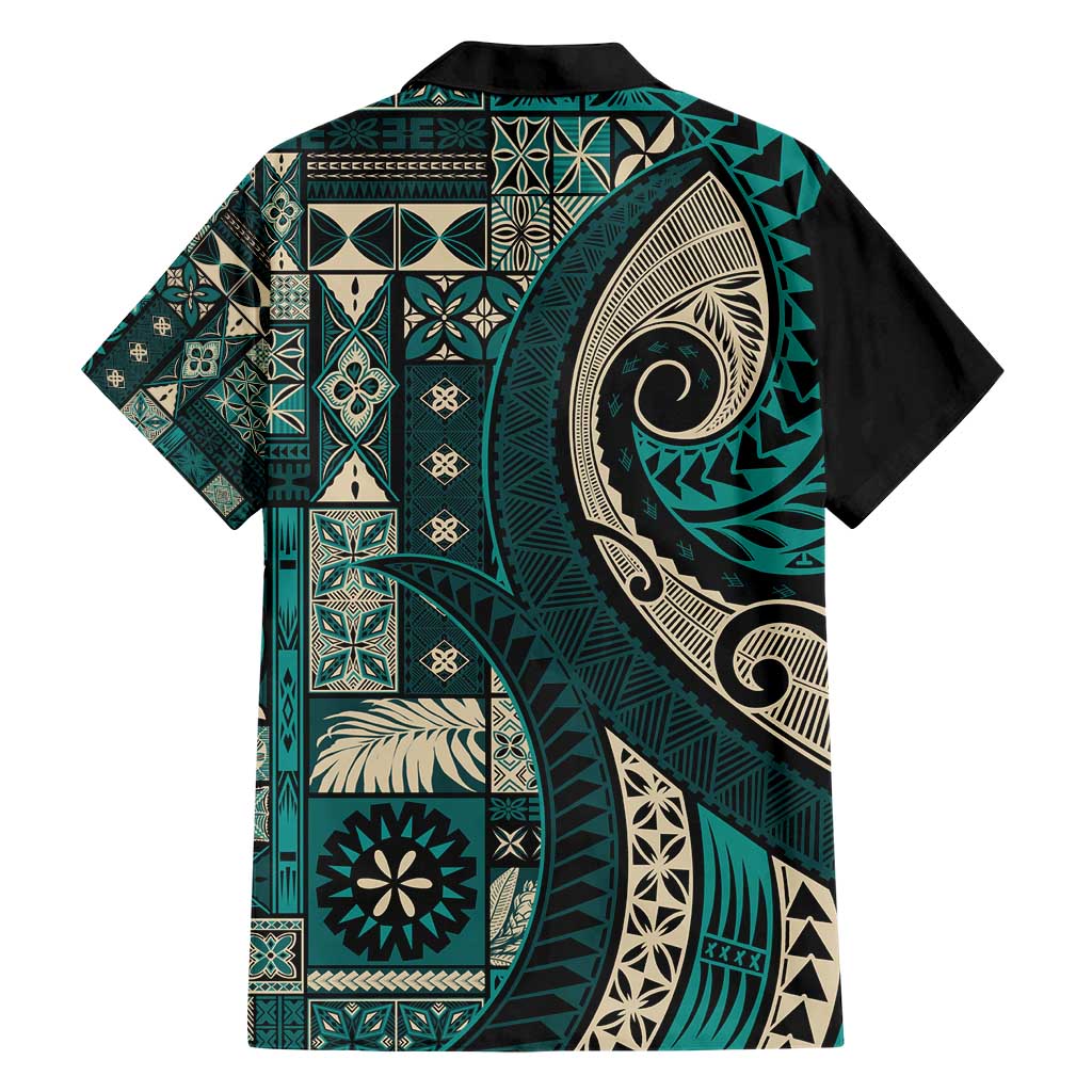 Vintage Samoa Siapo Mamanu Family Matching Short Sleeve Bodycon Dress and Hawaiian Shirt Teal Samoan Tapa Motif - Polynesian Pride
