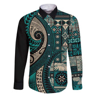 Vintage Samoa Siapo Mamanu Family Matching Short Sleeve Bodycon Dress and Hawaiian Shirt Teal Samoan Tapa Motif - Polynesian Pride