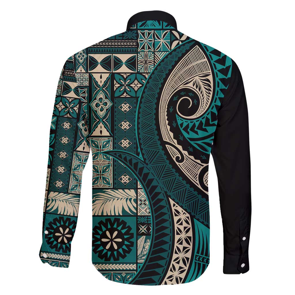 Vintage Samoa Siapo Mamanu Family Matching Short Sleeve Bodycon Dress and Hawaiian Shirt Teal Samoan Tapa Motif - Polynesian Pride