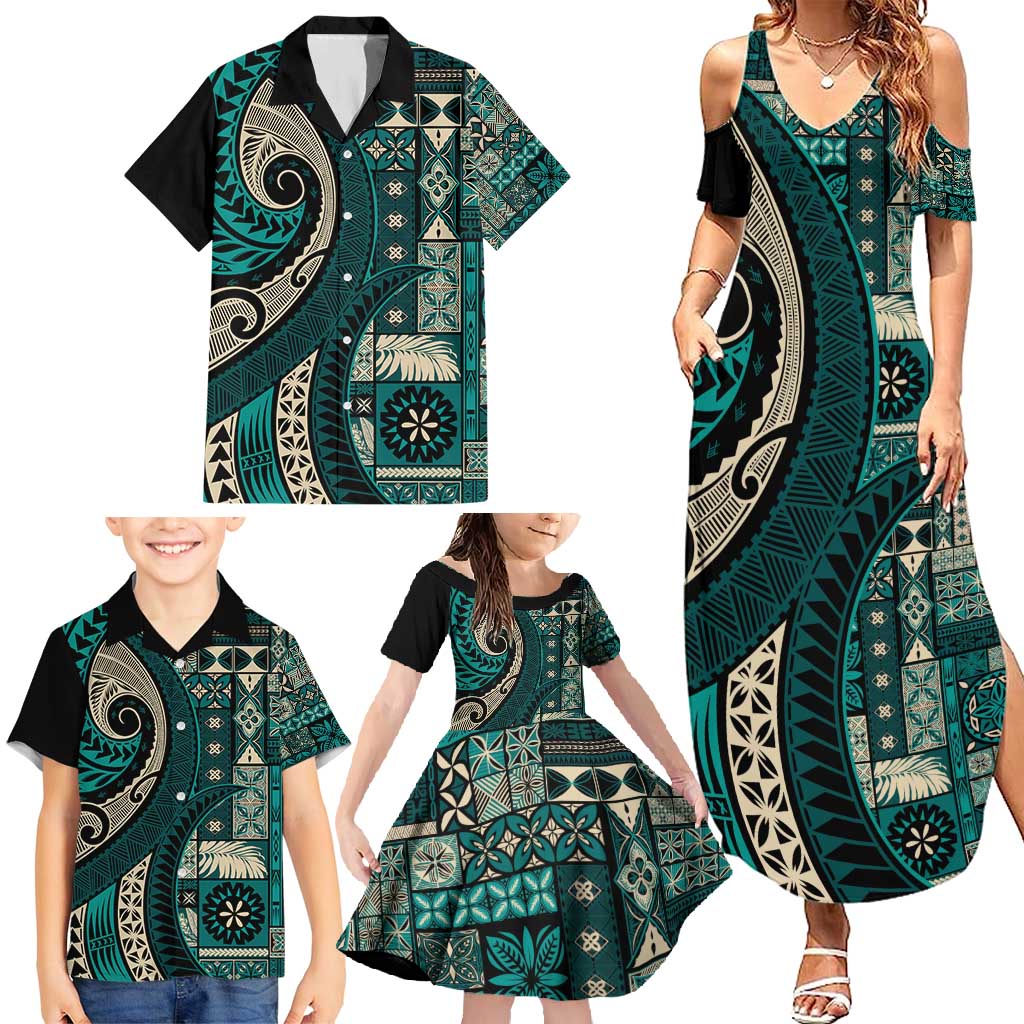 Vintage Samoa Siapo Mamanu Family Matching Summer Maxi Dress and Hawaiian Shirt Teal Samoan Tapa Motif - Polynesian Pride