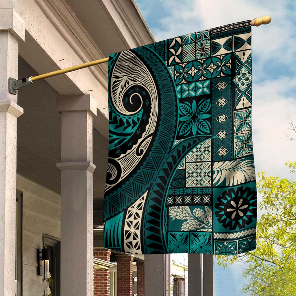 Vintage Samoa Siapo Mamanu Garden Flag Teal Samoan Tapa Motif - Polynesian Pride