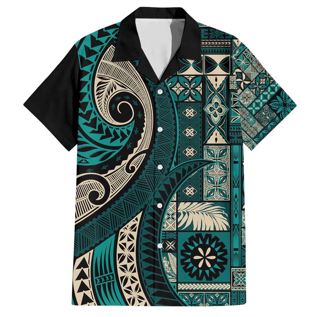 Vintage Samoa Siapo Mamanu Hawaiian Shirt Teal Samoan Tapa Motif - Polynesian Pride