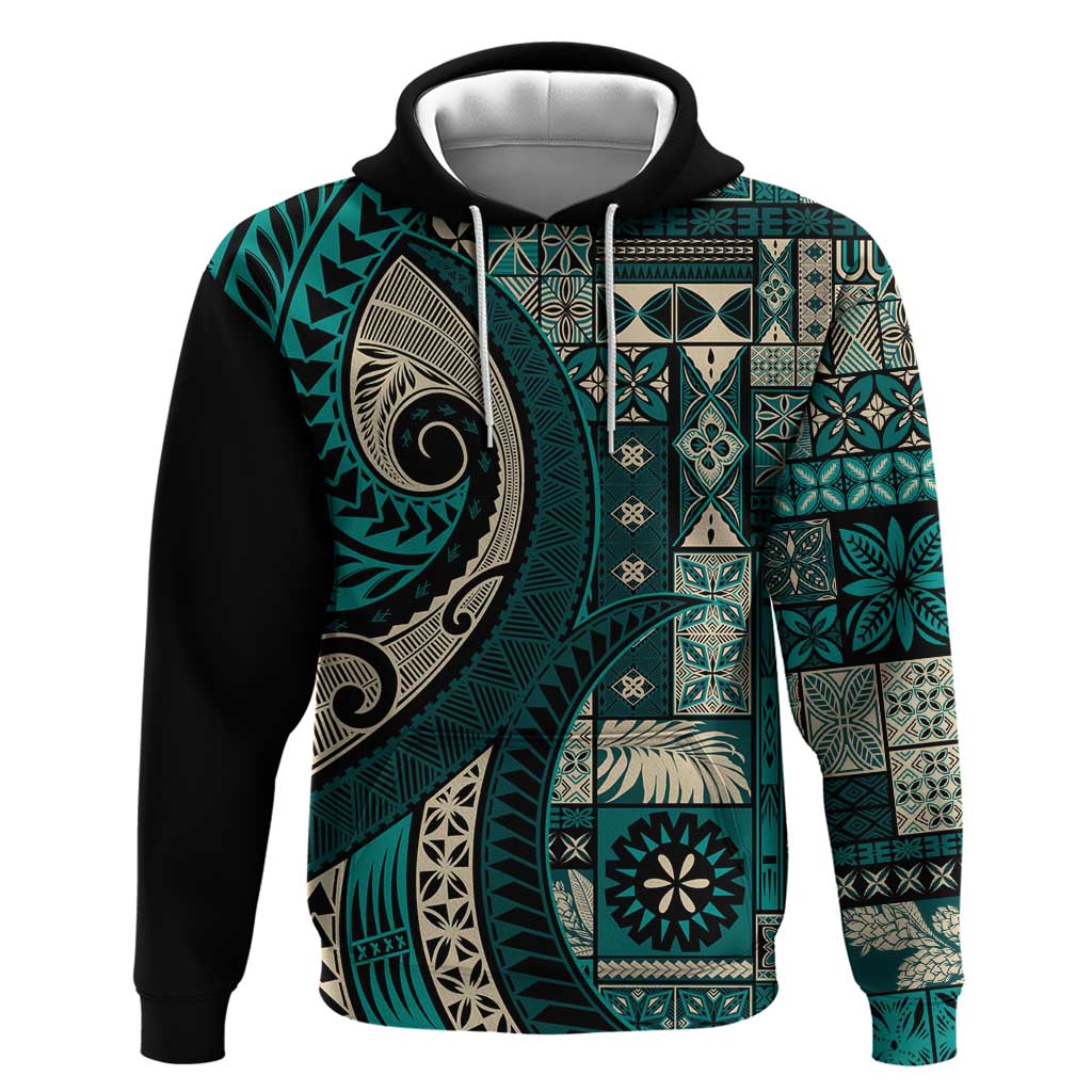 Vintage Samoa Siapo Mamanu Hoodie Teal Samoan Tapa Motif - Polynesian Pride