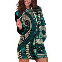 Vintage Samoa Siapo Mamanu Hoodie Dress Teal Samoan Tapa Motif LT9 Teal - Polynesian Pride