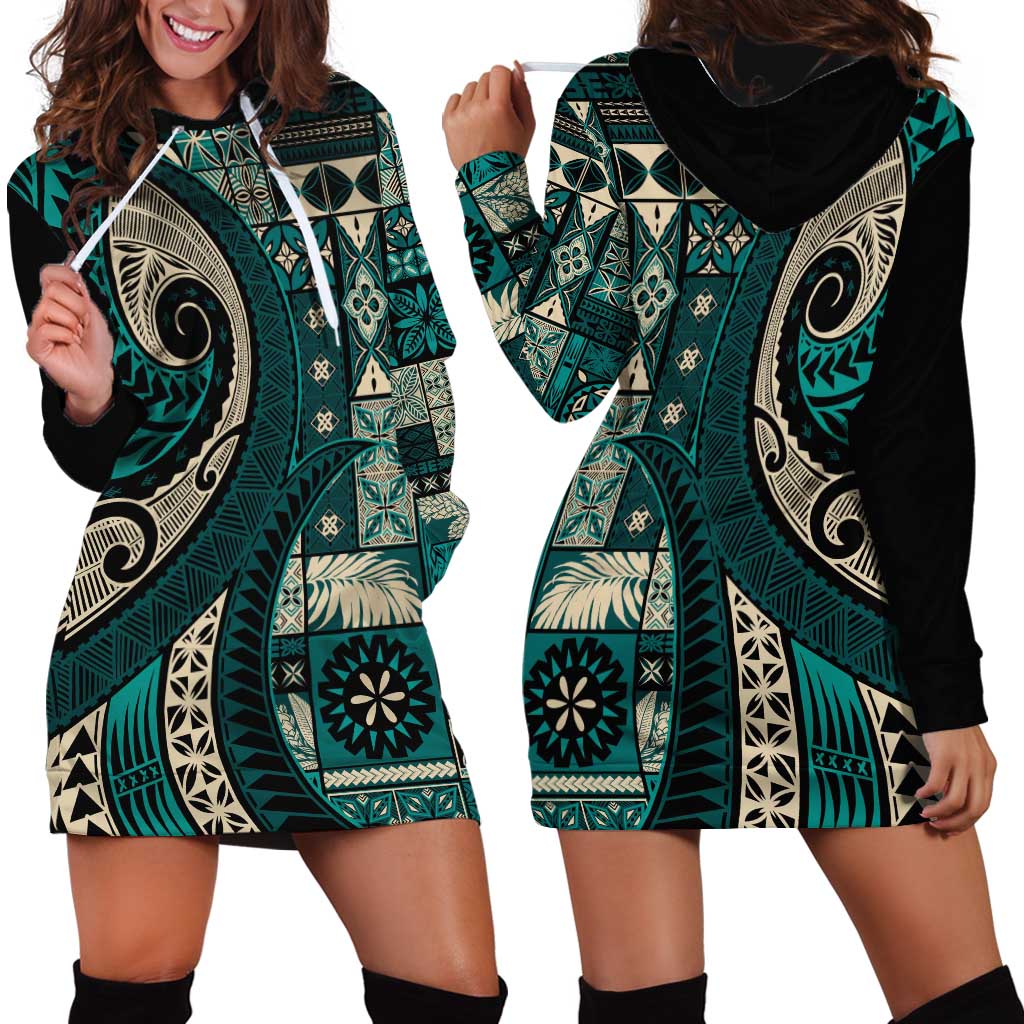 Vintage Samoa Siapo Mamanu Hoodie Dress Teal Samoan Tapa Motif LT9 - Polynesian Pride