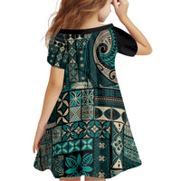 Vintage Samoa Siapo Mamanu Kid Short Sleeve Dress Teal Samoan Tapa Motif - Polynesian Pride