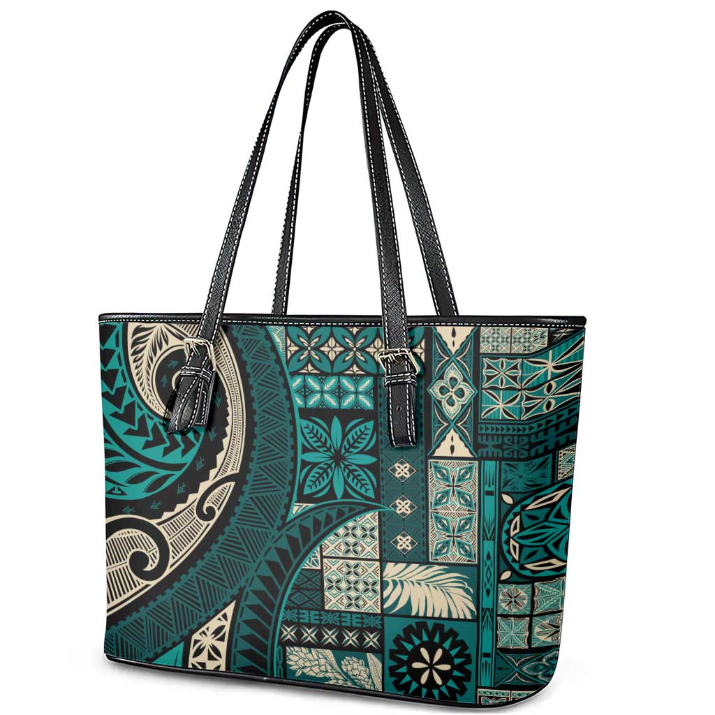 Vintage Samoa Siapo Mamanu Leather Tote Bag Teal Samoan Tapa Motif - Polynesian Pride