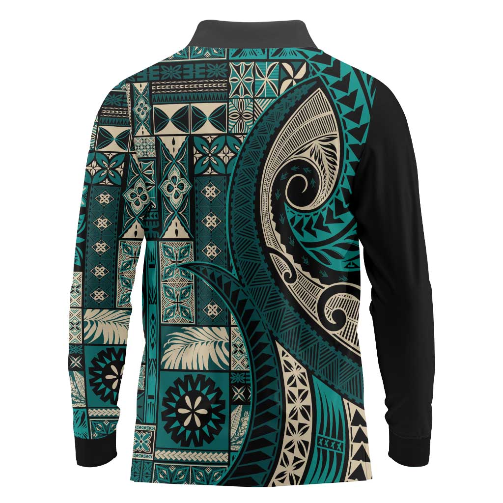 Vintage Samoa Siapo Mamanu Long Sleeve Polo Shirt Teal Samoan Tapa Motif - Polynesian Pride