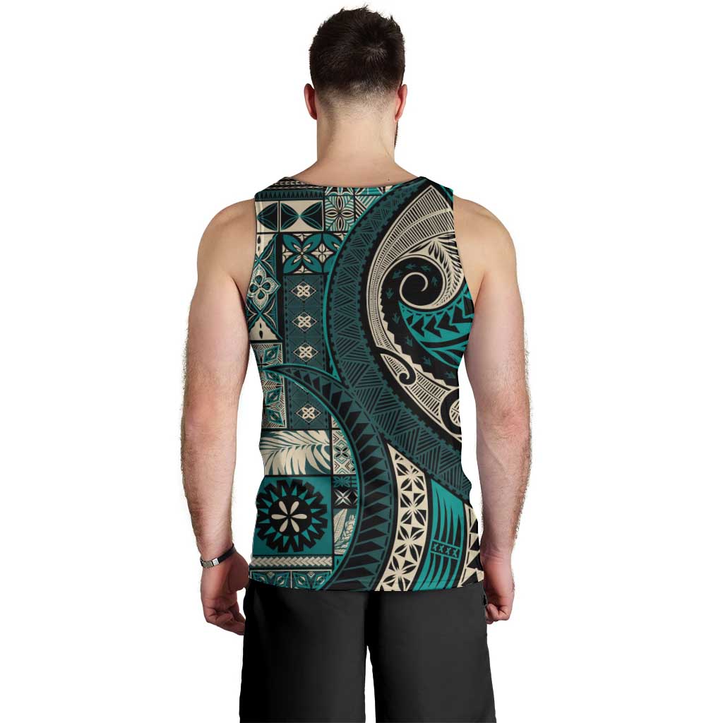 Vintage Samoa Siapo Mamanu Men Tank Top Teal Samoan Tapa Motif - Polynesian Pride