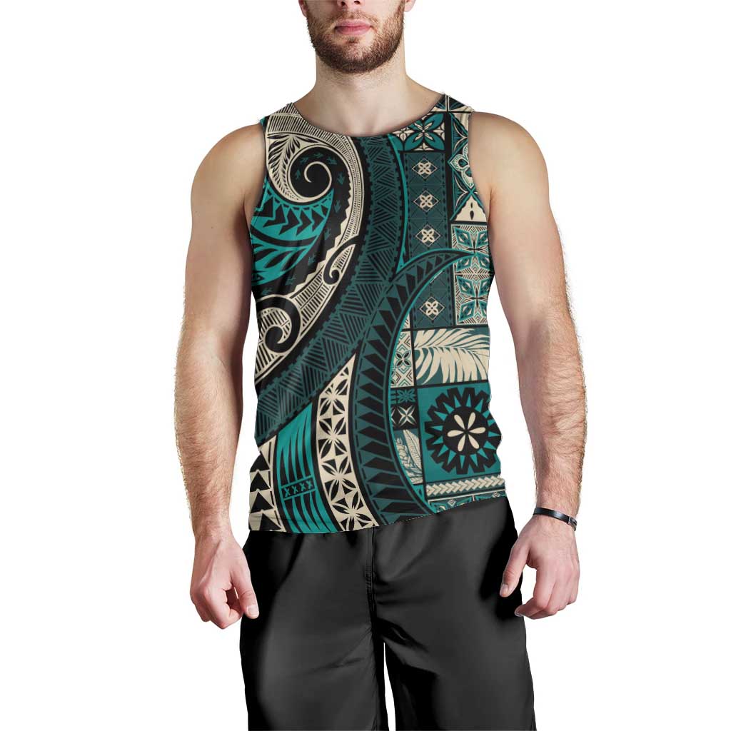 Vintage Samoa Siapo Mamanu Men Tank Top Teal Samoan Tapa Motif - Polynesian Pride