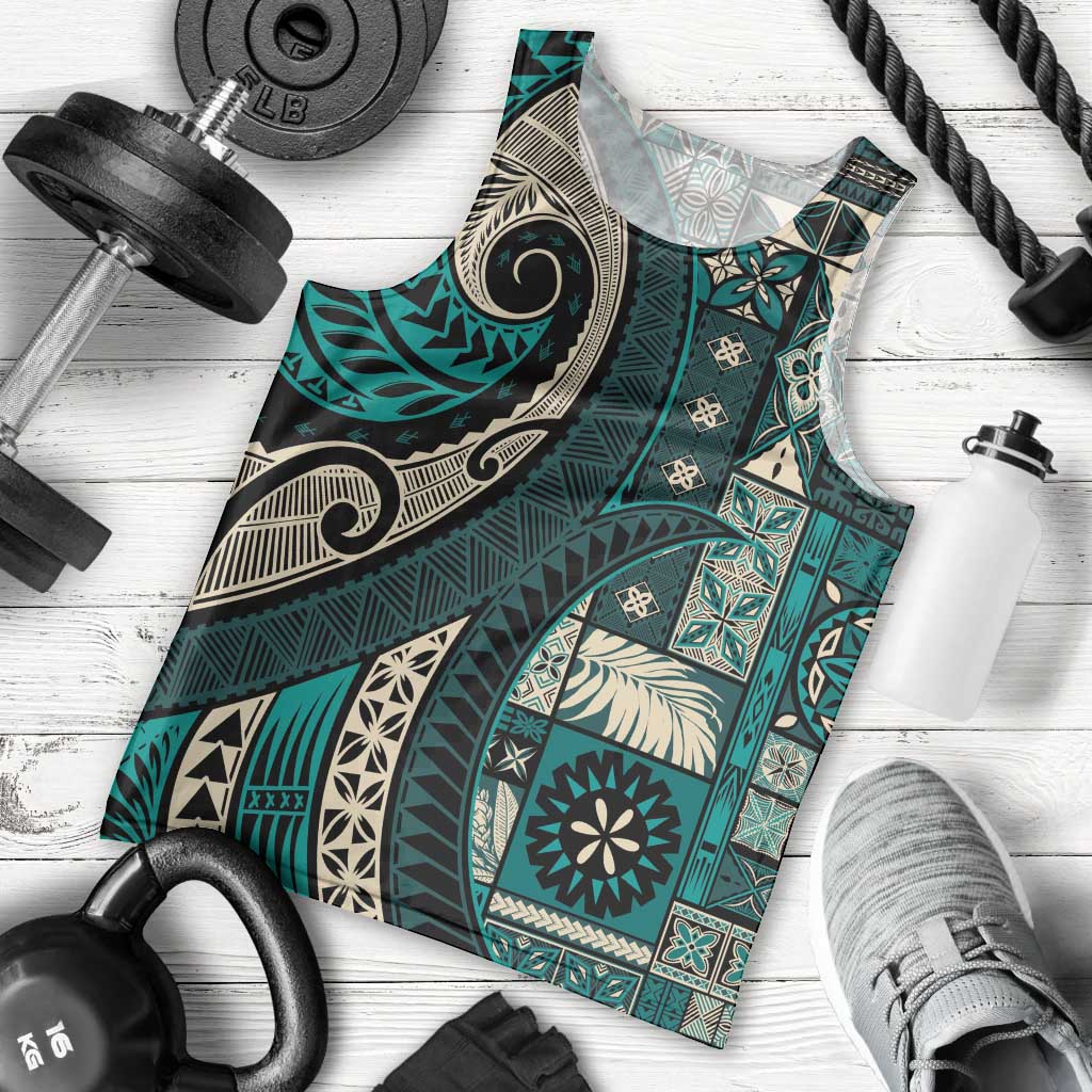 Vintage Samoa Siapo Mamanu Men Tank Top Teal Samoan Tapa Motif - Polynesian Pride