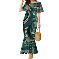 Vintage Samoa Siapo Mamanu Mermaid Dress Teal Samoan Tapa Motif - Polynesian Pride