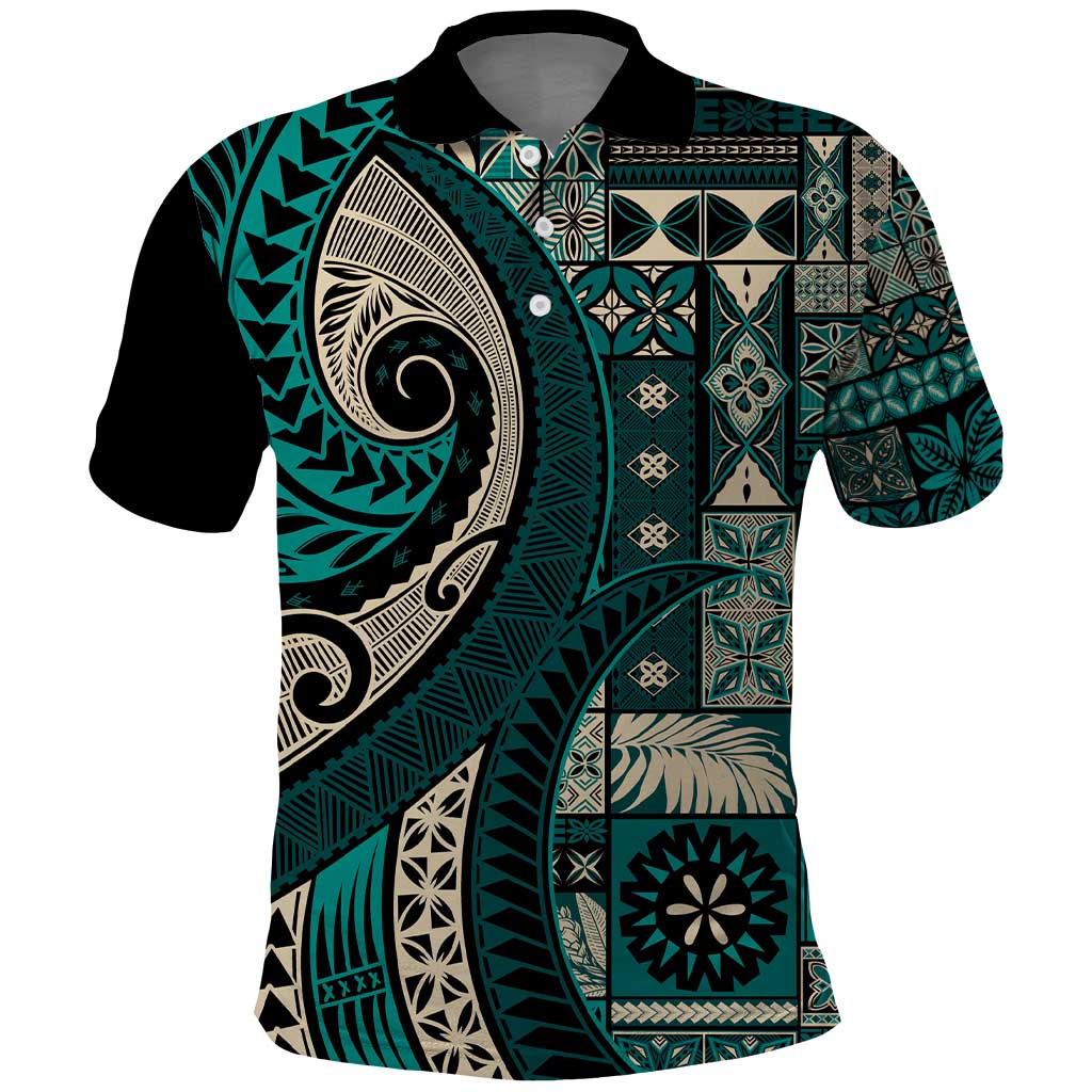 Vintage Samoa Siapo Mamanu Polo Shirt Teal Samoan Tapa Motif - Polynesian Pride