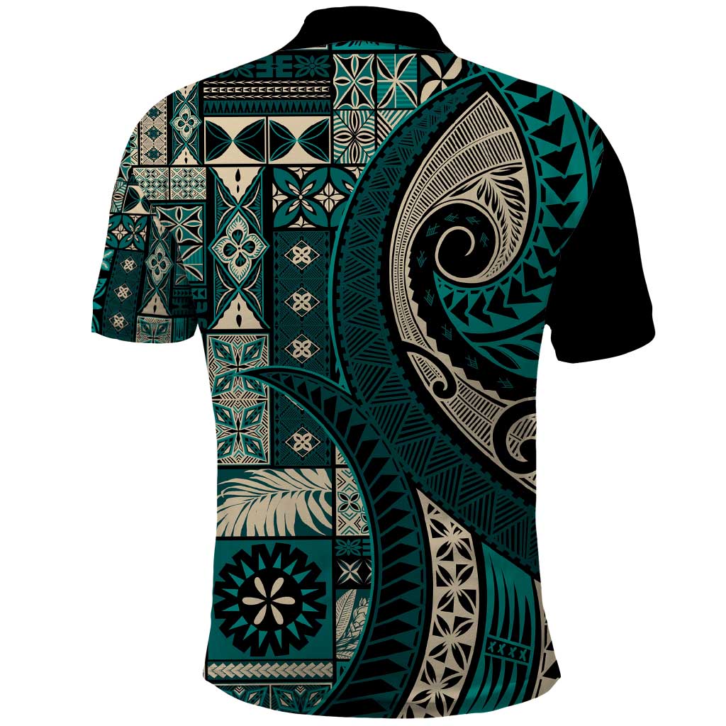 Vintage Samoa Siapo Mamanu Polo Shirt Teal Samoan Tapa Motif - Polynesian Pride