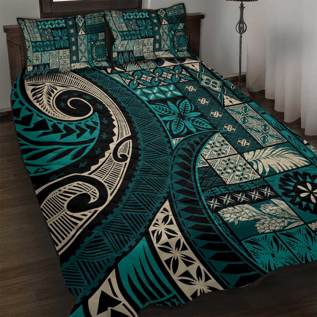 Vintage Samoa Siapo Mamanu Quilt Bed Set Teal Samoan Tapa Motif - Polynesian Pride