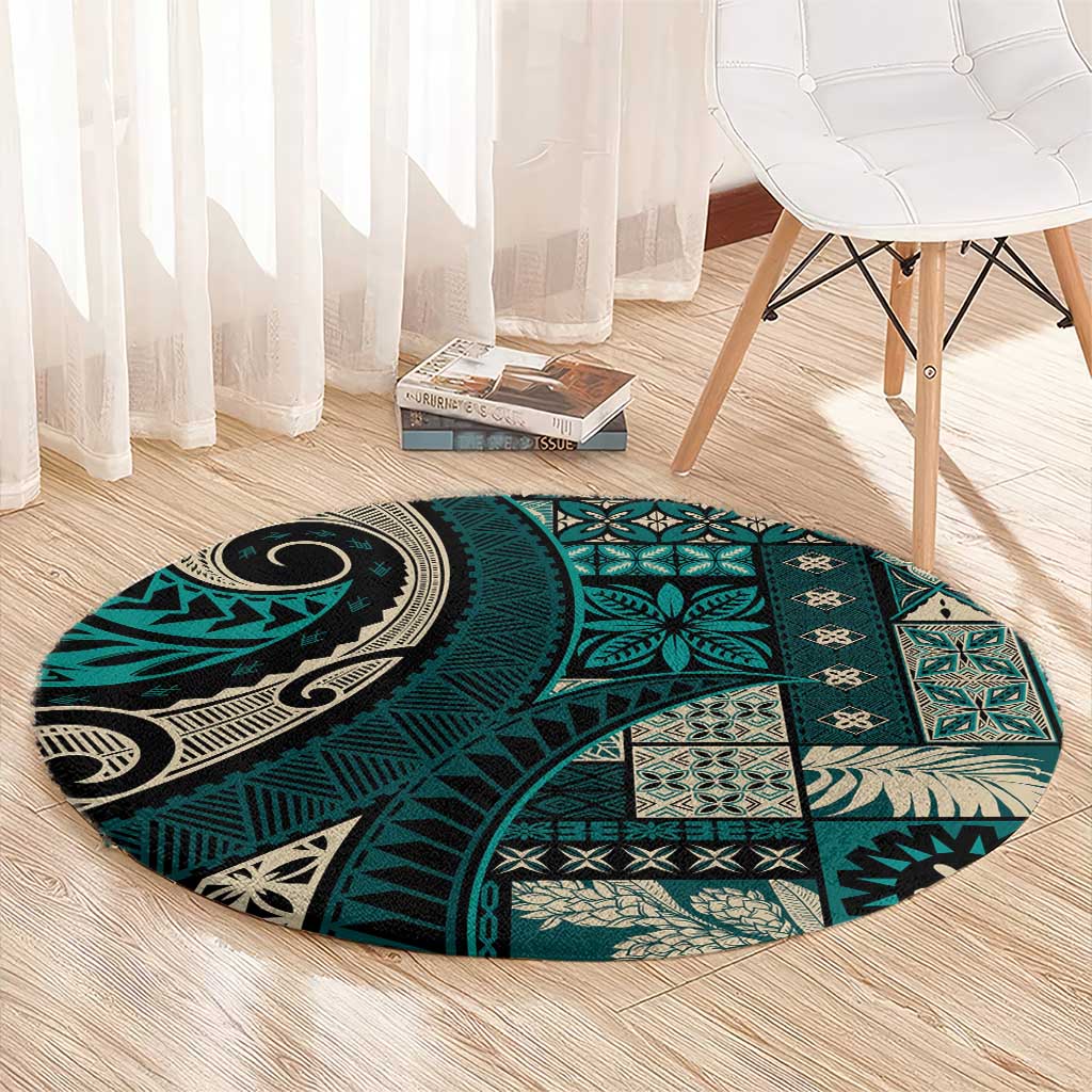 Vintage Samoa Siapo Mamanu Round Carpet Teal Samoan Tapa Motif - Polynesian Pride