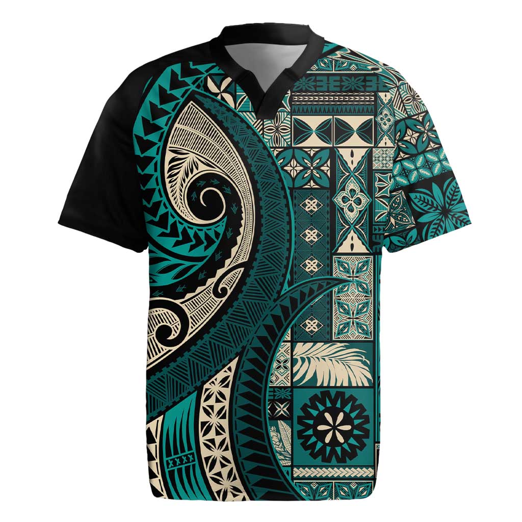Vintage Samoa Siapo Mamanu Rugby Jersey Teal Samoan Tapa Motif - Polynesian Pride