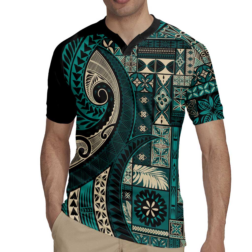 Vintage Samoa Siapo Mamanu Rugby Jersey Teal Samoan Tapa Motif - Polynesian Pride