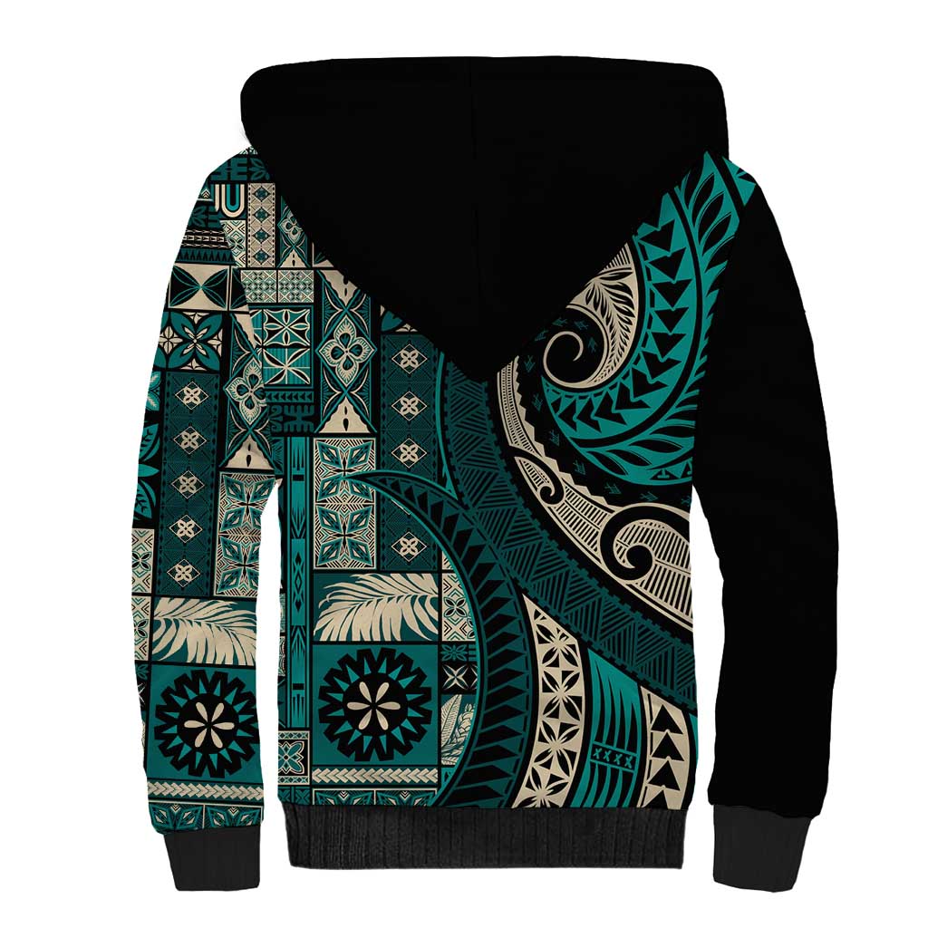 Vintage Samoa Siapo Mamanu Sherpa Hoodie Teal Samoan Tapa Motif - Polynesian Pride