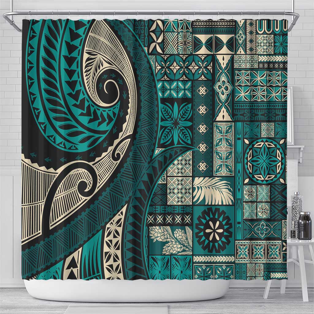 Vintage Samoa Siapo Mamanu Shower Curtain Teal Samoan Tapa Motif - Polynesian Pride