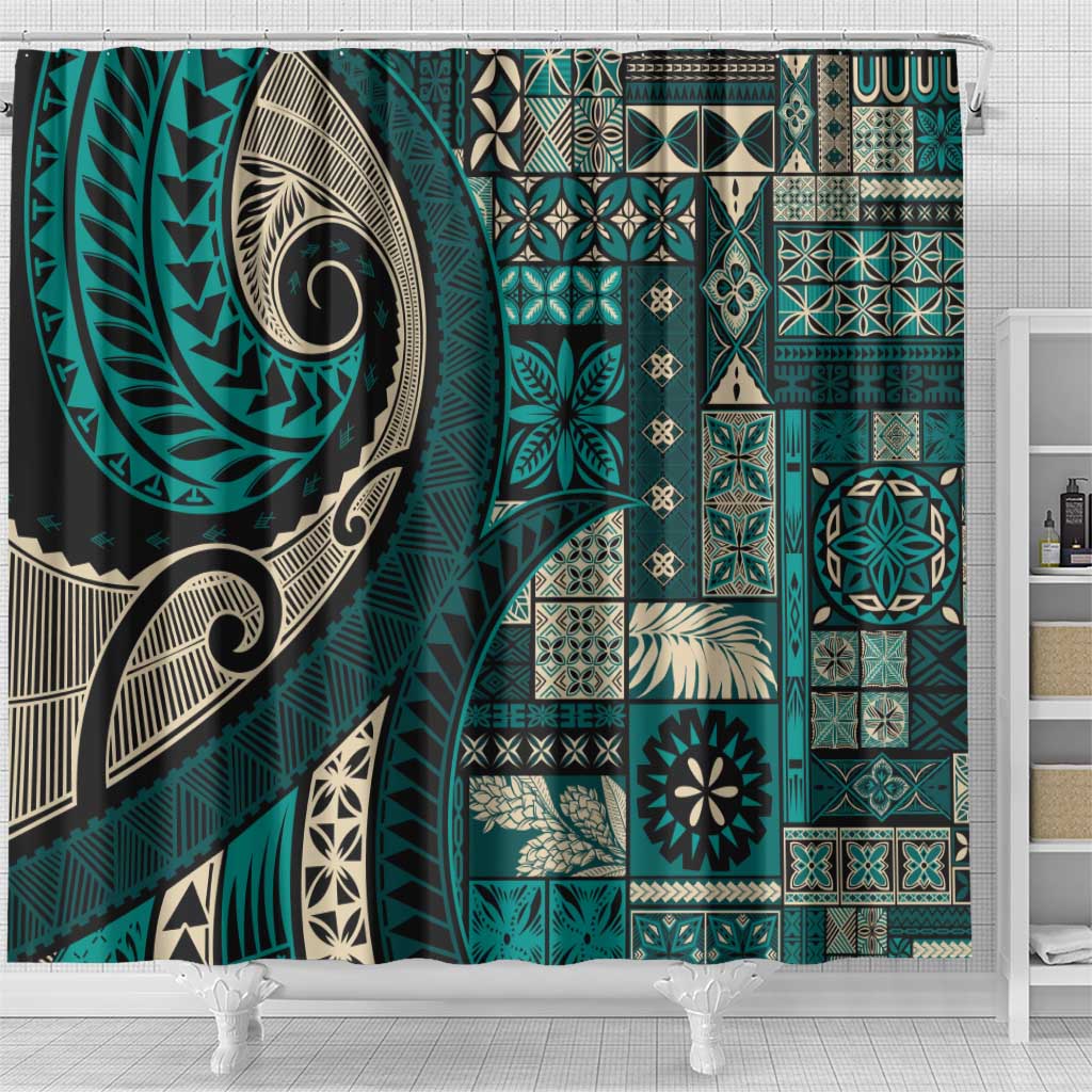 Vintage Samoa Siapo Mamanu Shower Curtain Teal Samoan Tapa Motif - Polynesian Pride