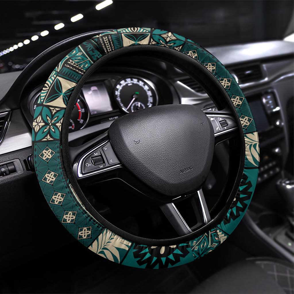 Vintage Samoa Siapo Mamanu Steering Wheel Cover Teal Samoan Tapa Motif - Polynesian Pride