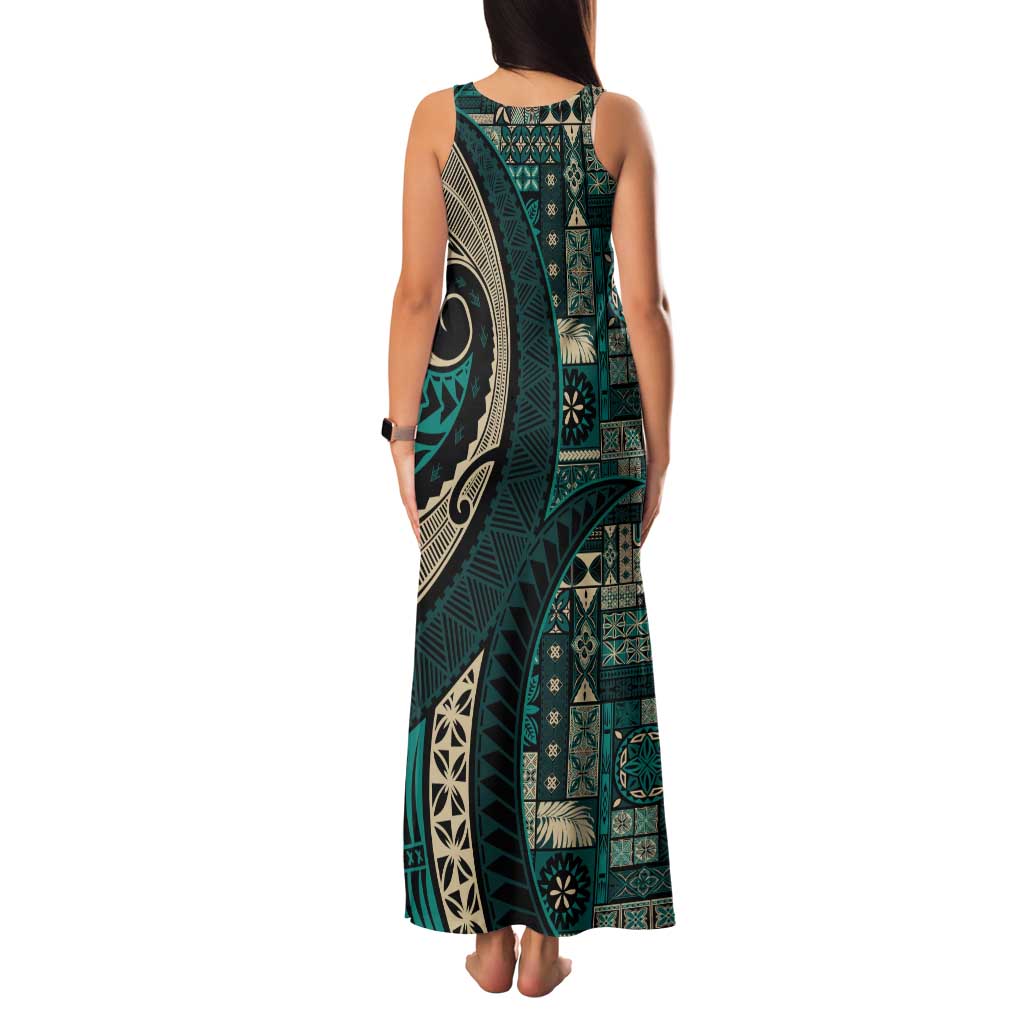 Vintage Samoa Siapo Mamanu Tank Maxi Dress Teal Samoan Tapa Motif - Polynesian Pride