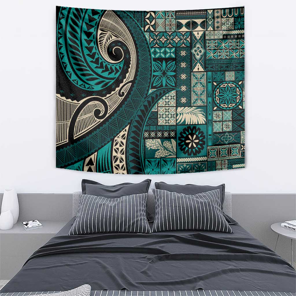 Vintage Samoa Siapo Mamanu Tapestry Teal Samoan Tapa Motif - Polynesian Pride