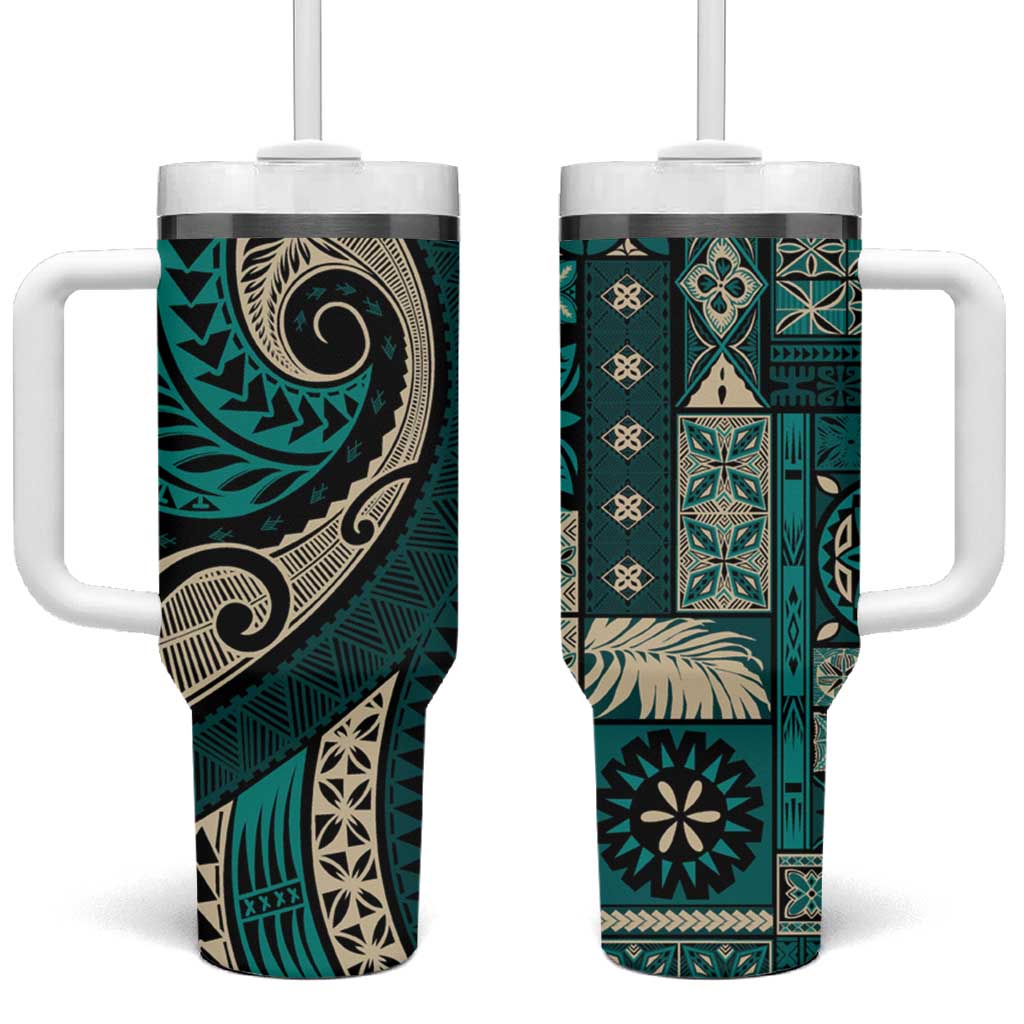Vintage Samoa Siapo Mamanu Tumbler With Handle Teal Samoan Tapa Motif LT9 One Size: 40 oz Teal - Polynesian Pride