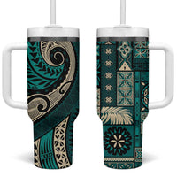 Vintage Samoa Siapo Mamanu Tumbler With Handle Teal Samoan Tapa Motif LT9 One Size: 40 oz Teal - Polynesian Pride