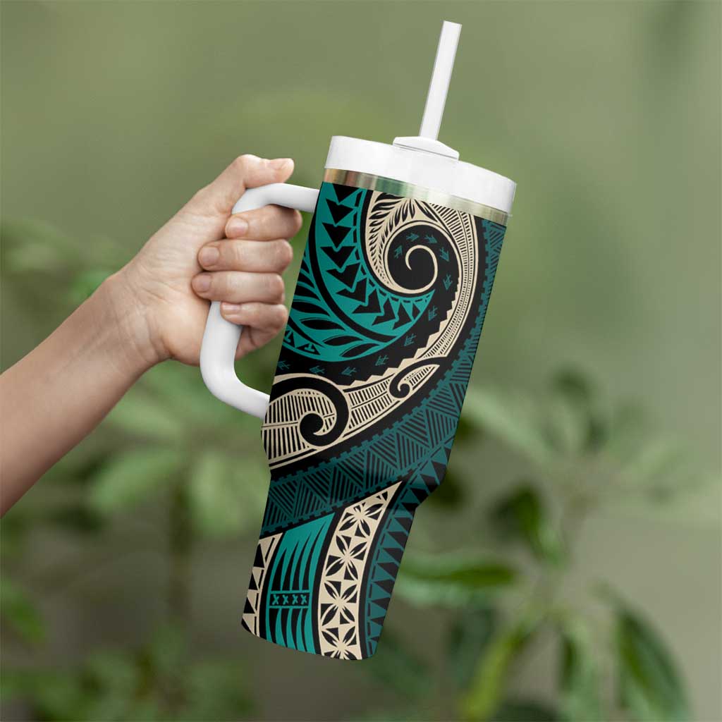 Vintage Samoa Siapo Mamanu Tumbler With Handle Teal Samoan Tapa Motif LT9 - Polynesian Pride