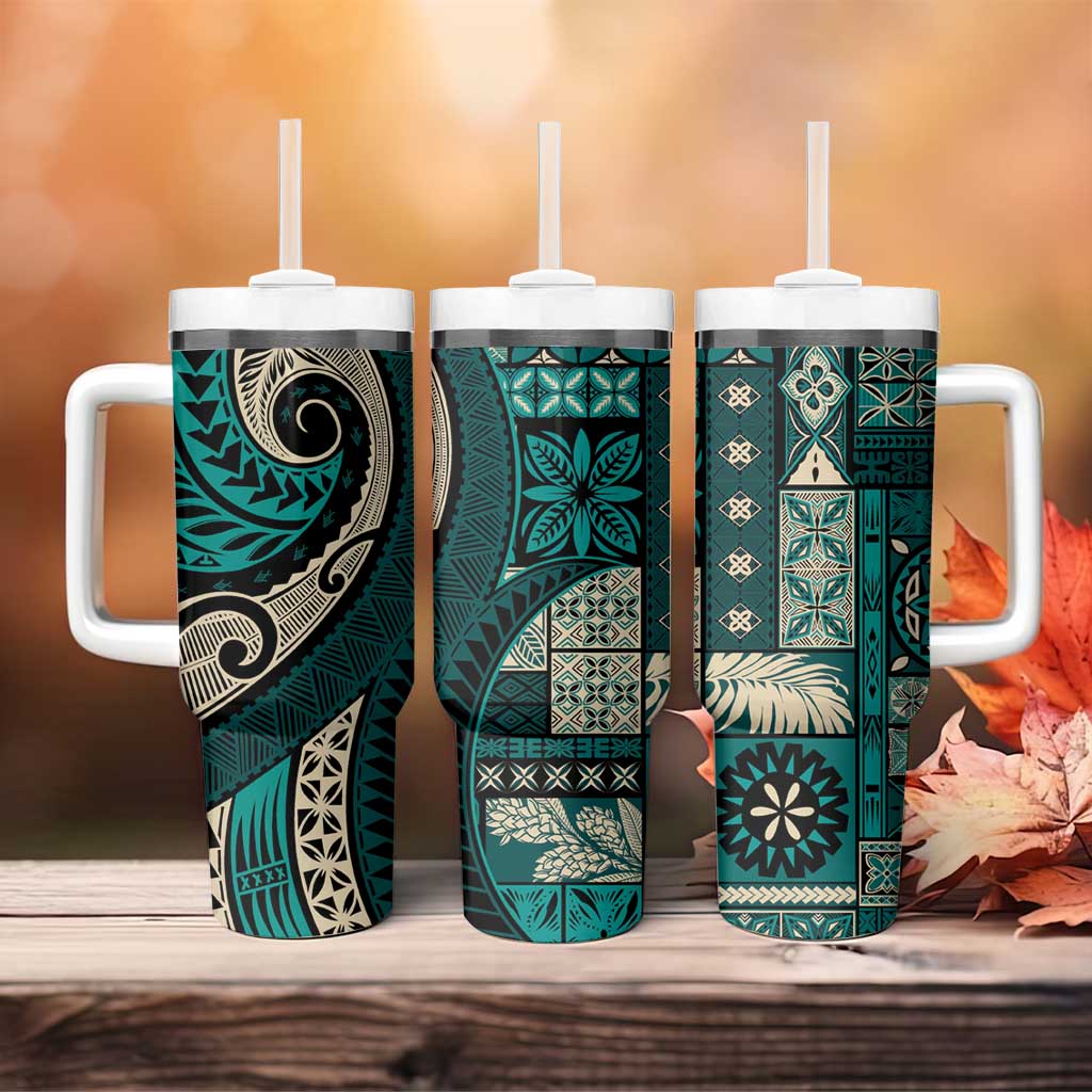 Vintage Samoa Siapo Mamanu Tumbler With Handle Teal Samoan Tapa Motif LT9 - Polynesian Pride