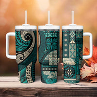 Vintage Samoa Siapo Mamanu Tumbler With Handle Teal Samoan Tapa Motif LT9 - Polynesian Pride