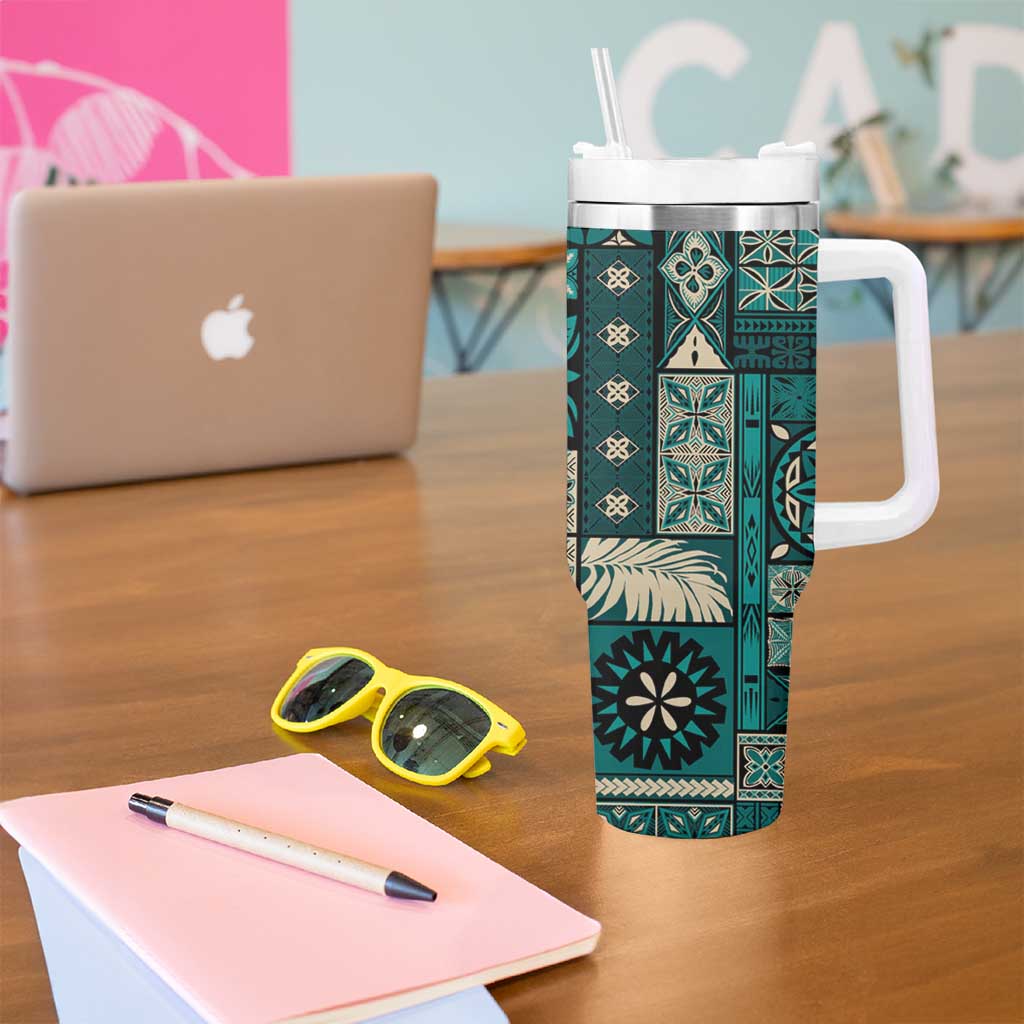 Vintage Samoa Siapo Mamanu Tumbler With Handle Teal Samoan Tapa Motif LT9 - Polynesian Pride