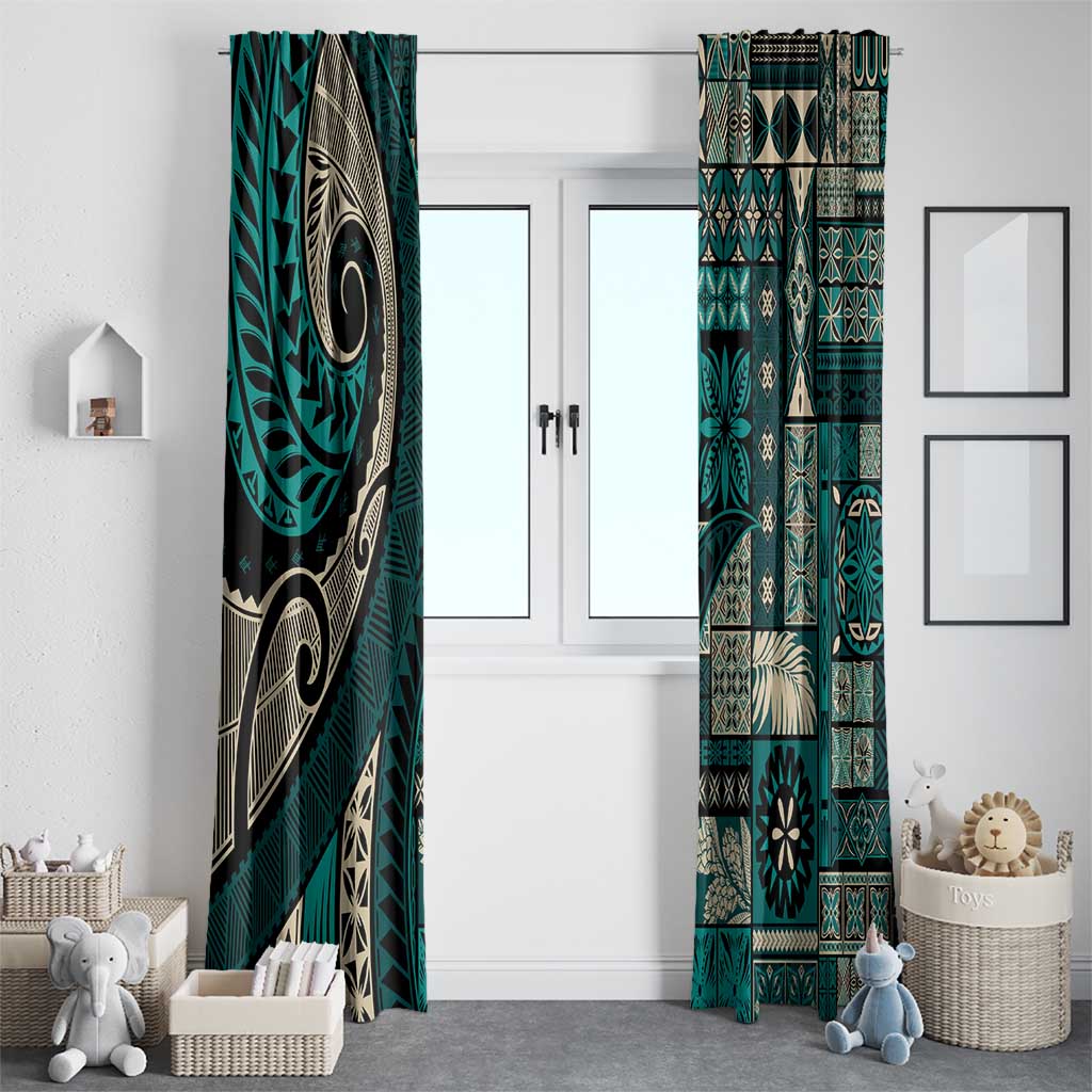 Vintage Samoa Siapo Mamanu Window Curtain Teal Samoan Tapa Motif - Polynesian Pride