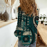 Vintage Samoa Siapo Mamanu Women Casual Shirt Teal Samoan Tapa Motif - Polynesian Pride