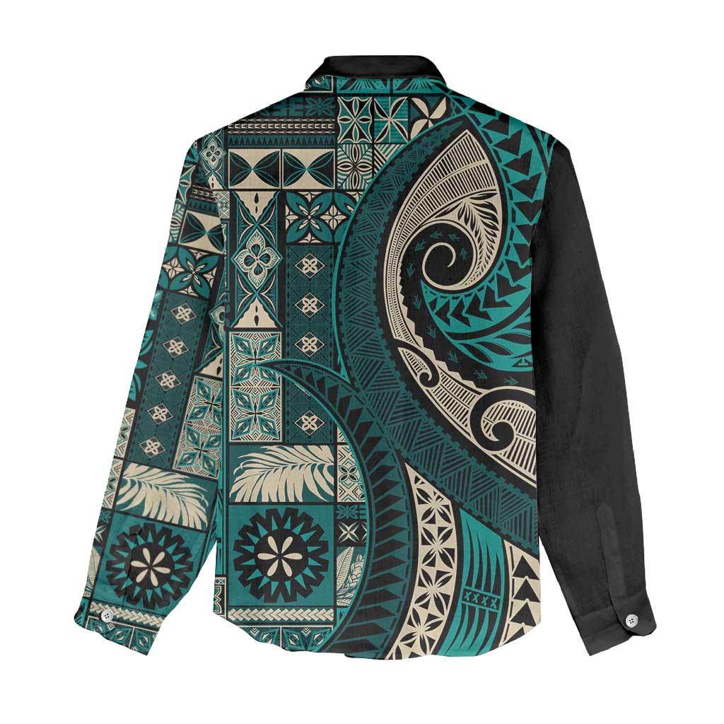 Vintage Samoa Siapo Mamanu Women Casual Shirt Teal Samoan Tapa Motif - Polynesian Pride