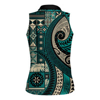 Vintage Samoa Siapo Mamanu Women Sleeveless Polo Shirt Teal Samoan Tapa Motif - Polynesian Pride