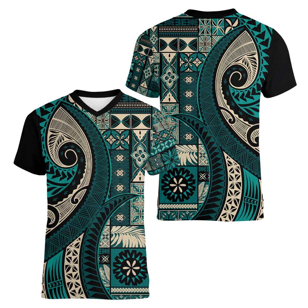 Vintage Samoa Siapo Mamanu Women V-Neck T-Shirt Teal Samoan Tapa Motif - Polynesian Pride