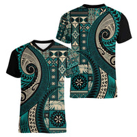 Vintage Samoa Siapo Mamanu Women V-Neck T-Shirt Teal Samoan Tapa Motif - Polynesian Pride