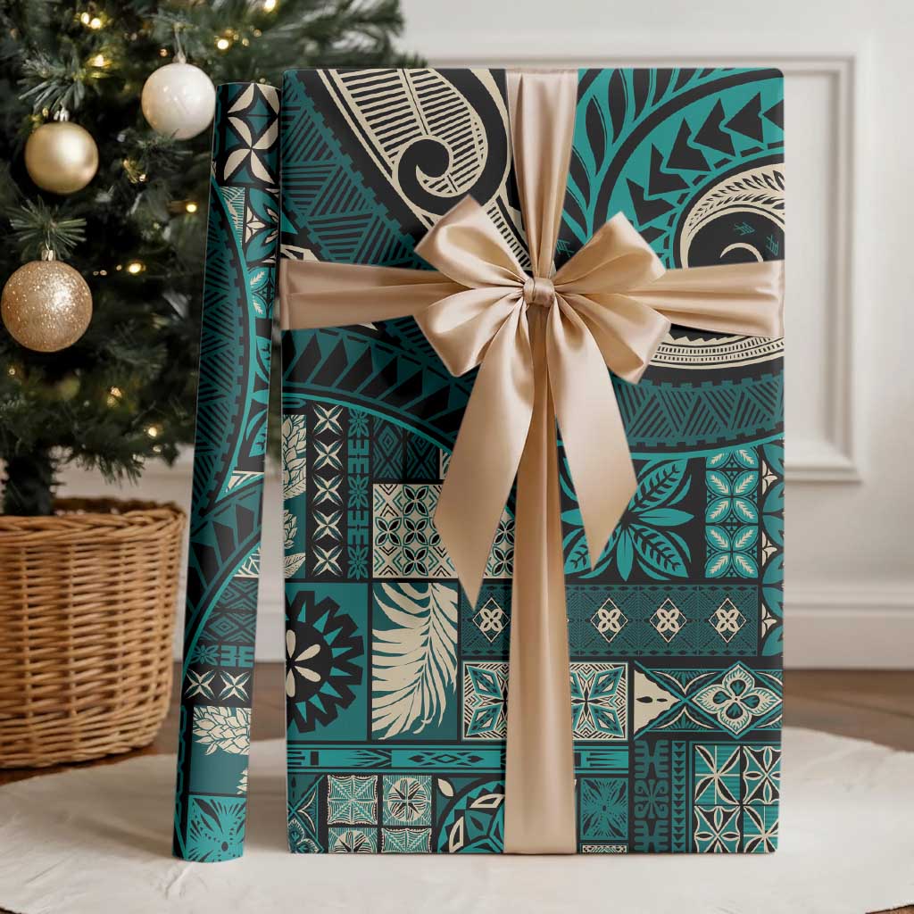 Vintage Samoa Siapo Mamanu Wrapping Paper Teal Samoan Tapa Motif - Polynesian Pride
