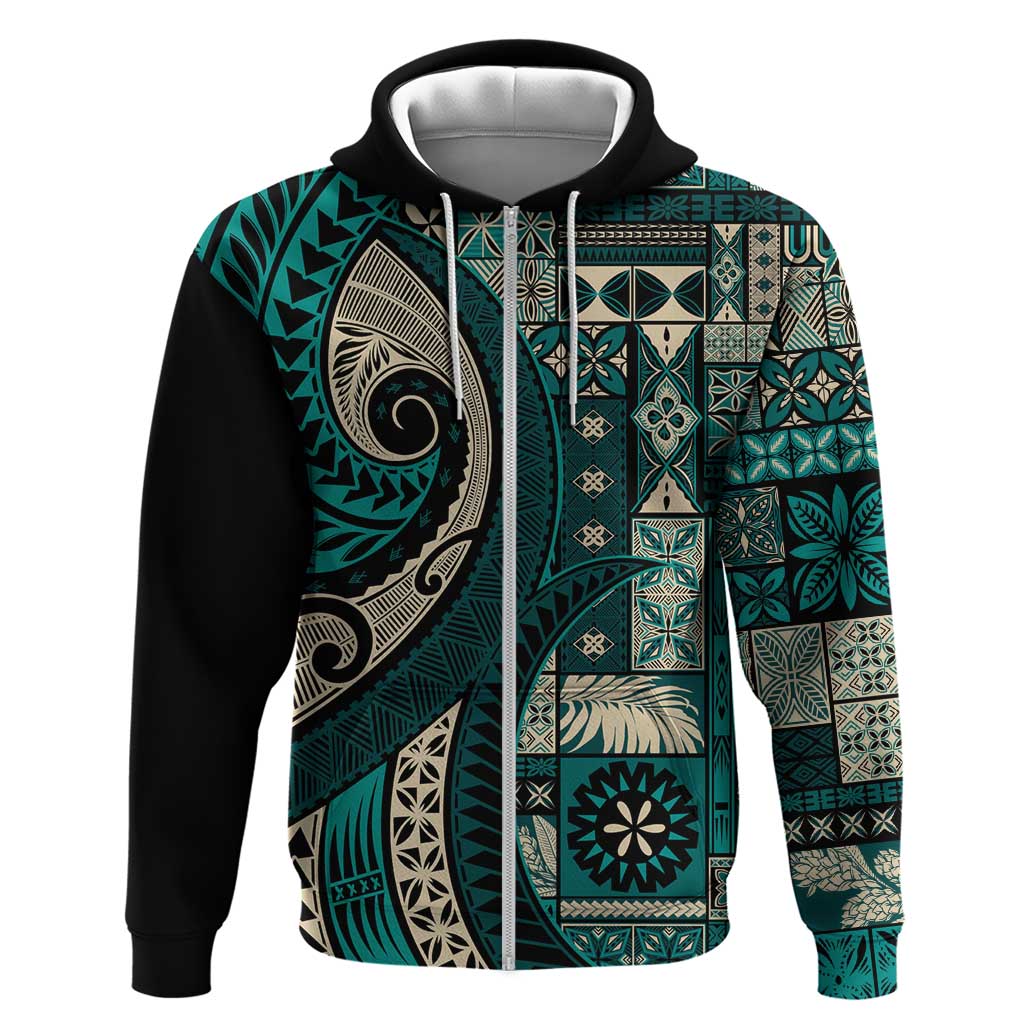 Vintage Samoa Siapo Mamanu Zip Hoodie Teal Samoan Tapa Motif - Polynesian Pride
