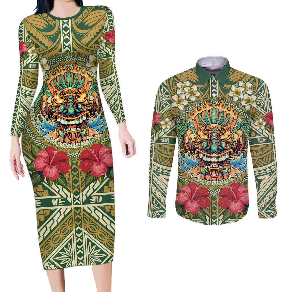 Hawaii Tiki Mask Personalized Couples Matching Long Sleeve Bodycon Dress and Long Sleeve Button Shirt Mele Kalikimaka i Iulai! LT9 Green - Polynesian Pride