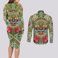 Hawaii Tiki Mask Personalized Couples Matching Long Sleeve Bodycon Dress and Long Sleeve Button Shirt Mele Kalikimaka i Iulai! LT9 - Polynesian Pride