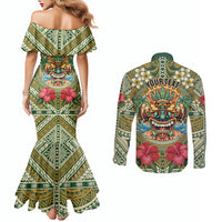 Hawaii Tiki Mask Personalized Couples Matching Mermaid Dress and Long Sleeve Button Shirt Mele Kalikimaka i Iulai! LT9 - Polynesian Pride